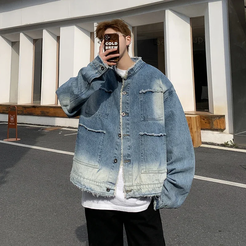Mens Fashion Denim Jacket - 미국 레트로 힙합 로우 엣지 데님
