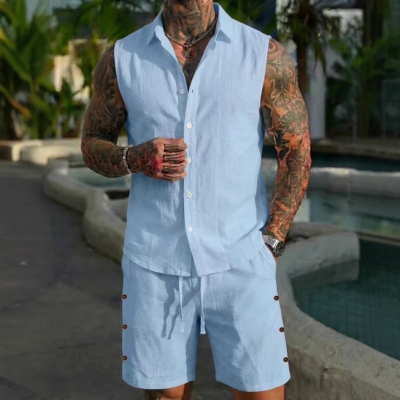 Linen Shirt Summer - 남성용 2피스 린넨 텍스처 민소매 반바지