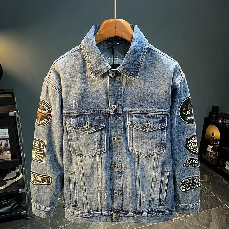 Mens Fashion Denim Jacket - 남성 하이 스트리트 자수 패치 데님