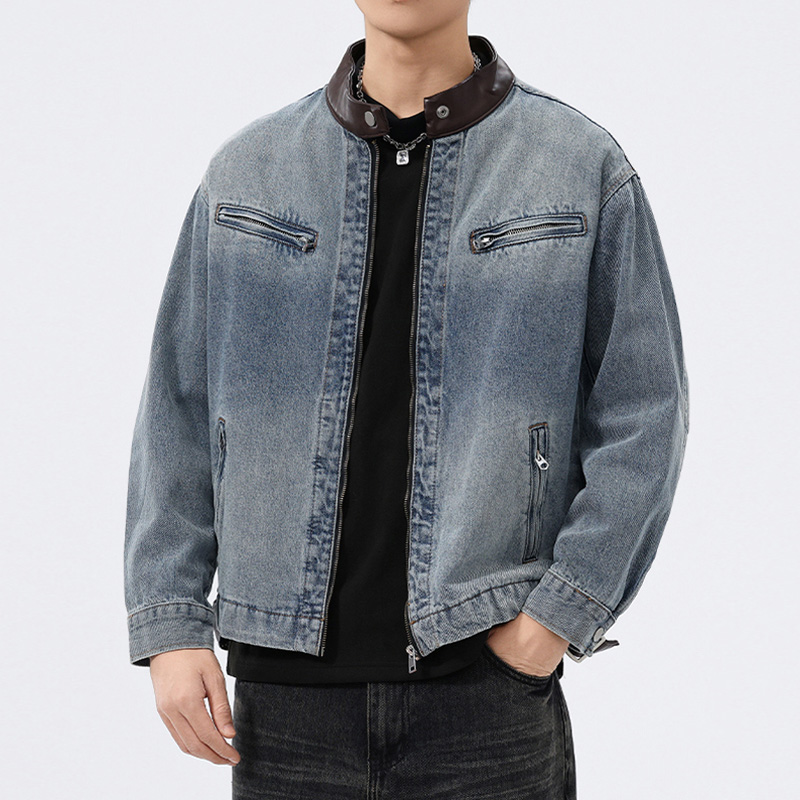 Mens Fashion Denim Jacket - 스탠드 가죽 칼라 데님 재킷 남성