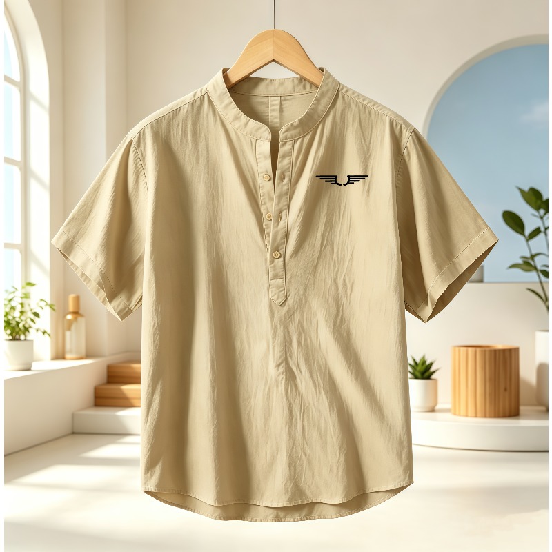 Linen Shirt Summer - 남성용 면과 린넨 혼방 헨리넥 반팔