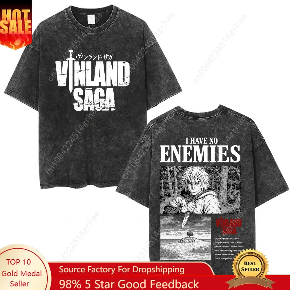 Men'S Fashion Oversized T Shirt - 빈티지 워시드 애니메이션 Vinland Saga Thorfinn