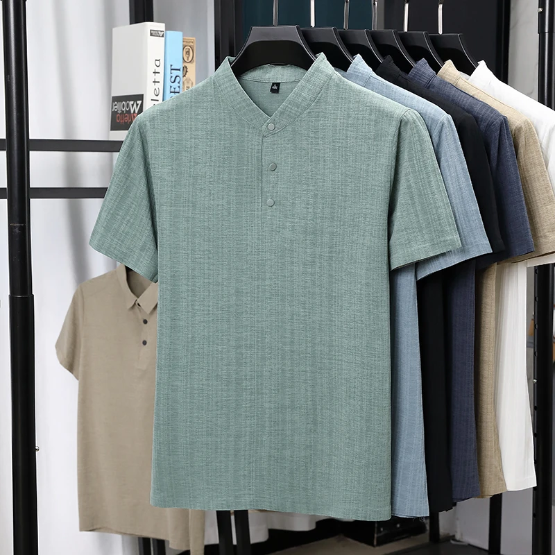 Linen Shirt Summer - 남성용 만다린 칼라 하프 플래킷 리넨