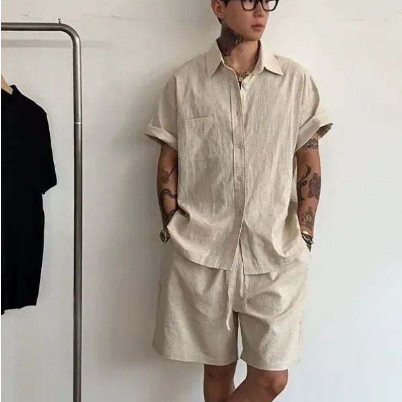 Linen Shirt Summer - 남성 린넨 코튼 투피스 세트 루즈핏