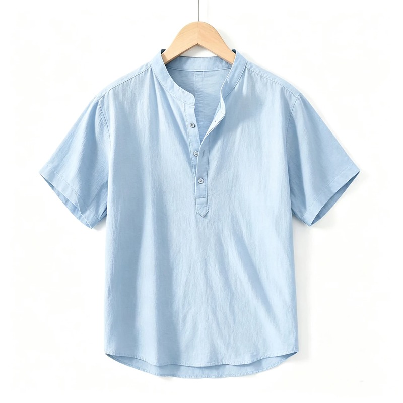 Linen Shirt Summer - 남성용 면 린넨 반팔 셔츠(스탠드 칼라