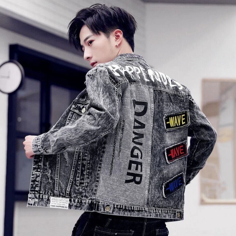 단추 힙합 캐주얼 슬림 짧은 가을, 프린트 데님 재킷, - Mens Fashion Denim Jacket 리뷰 및 가격