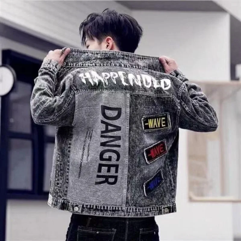 단추 힙합 캐주얼 슬림 짧은 가을, 프린트 데님 재킷, - Mens Fashion Denim Jacket 리뷰 및 가격