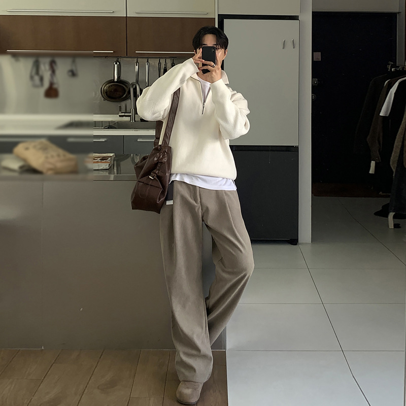 봄 남성용 다크 카키 솔리드 컬러 루즈 캐주얼 트렌디  - Men'S Fashion Khaki Pants 리뷰 및 가격