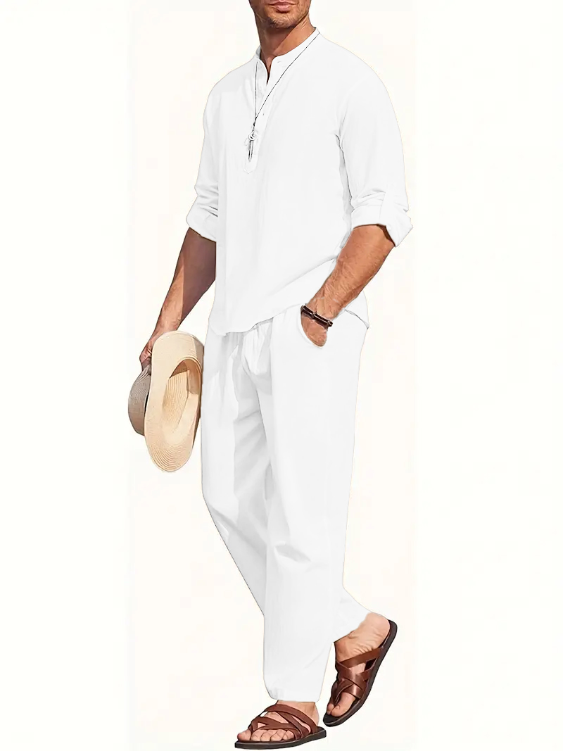 남성용 화이트 린넨 수트 세트 긴팔 헨리 셔츠와 밴딩  - Linen Shirt Summer 리뷰 및 가격