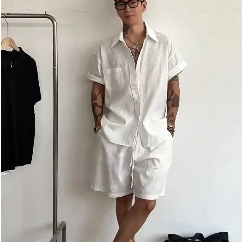 남성 린넨 코튼 투피스 세트 루즈핏 반팔 셔츠와 반바지 - Linen Shirt Summer 리뷰 및 가격